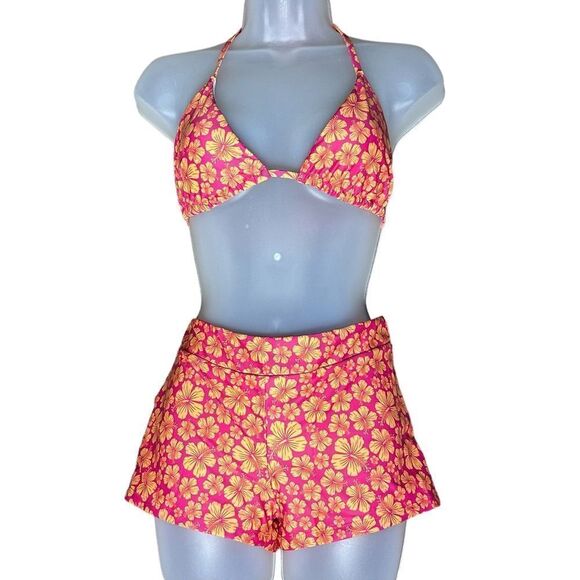 Shein Orange Pink Floral Y2K Neon Orange Sheer Two Piece Swimsuit - Picture 2 of 9